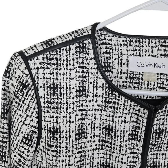 Calvin Klein White Black Printed Jacket Faux-Leather-Trim Long Duster Size 8 - Picture 3 of 13